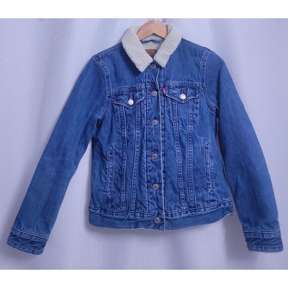 Levis Denim Sherpa Lined Jean Denim Trucker Jacket Women's size SMALL - Picture 1 of 7